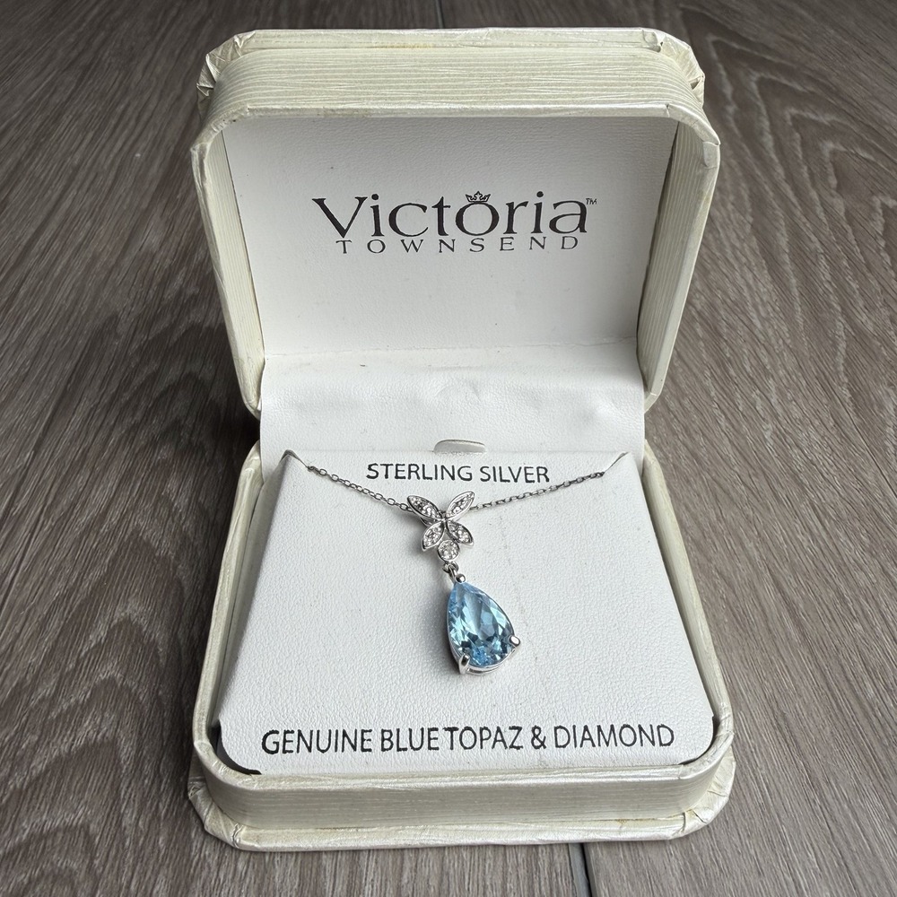 Victoria Townsend Blue Topaz Diamond Pendant Necklace Sterling Silver 925 New
